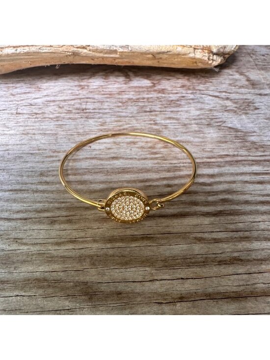 Michael Kors Jewelry - Michael Kors Gold Tone Pavé Crystal Logo Medallion Hinged Bangle Bracelet